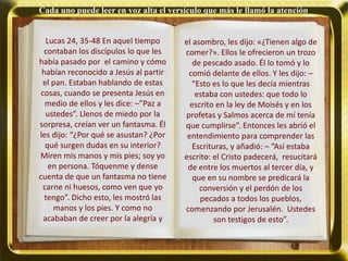 Cada uno puede leer en voz alta el versículo que más le llamó la atención
Lucas 24, 35-48 En aquel tiempo
contaban los discípulos lo que les
había pasado por el camino y cómo
habían reconocido a Jesús al partir
el pan. Estaban hablando de estas
cosas, cuando se presenta Jesús en
medio de ellos y les dice: –”Paz a
ustedes”. Llenos de miedo por la
sorpresa, creían ver un fantasma. Él
les dijo: “¿Por qué se asustan? ¿Por
qué surgen dudas en su interior?
Miren mis manos y mis pies; soy yo
en persona. Tóquenme y dense
cuenta de que un fantasma no tiene
carne ni huesos, como ven que yo
tengo”. Dicho esto, les mostró las
manos y los pies. Y como no
acababan de creer por la alegría y
el asombro, les dijo: «¿Tienen algo de
comer?». Ellos le ofrecieron un trozo
de pescado asado. Él lo tomó y lo
comió delante de ellos. Y les dijo: –
“Esto es lo que les decía mientras
estaba con ustedes: que todo lo
escrito en la ley de Moisés y en los
profetas y Salmos acerca de mí tenía
que cumplirse”. Entonces les abrió el
entendimiento para comprender las
Escrituras, y añadió: – “Así estaba
escrito: el Cristo padecerá, resucitará
de entre los muertos al tercer día, y
que en su nombre se predicará la
conversión y el perdón de los
pecados a todos los pueblos,
comenzando por Jerusalén. Ustedes
son testigos de esto”.
 