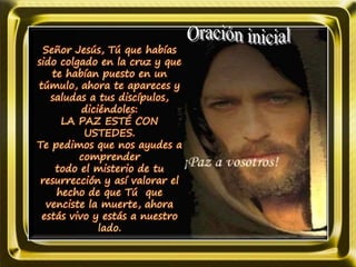 Señor Jesús, Tú que habías
sido colgado en la cruz y que
te habían puesto en un
túmulo, ahora te apareces y
saludas a tus discípulos,
diciéndoles:
LA PAZ ESTÉ CON
USTEDES.
Te pedimos que nos ayudes a
comprender
todo el misterio de tu
resurrección y así valorar el
hecho de que Tú que
venciste la muerte, ahora
estás vivo y estás a nuestro
lado.
 