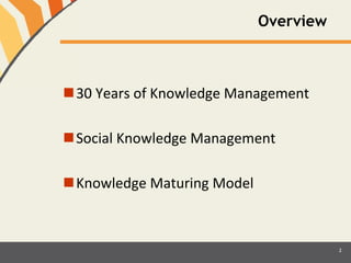 Social Knowledge Management
 Oblivious or ubiquitous?
The social media revolution has challenged knowledge
management.
 More than management, it is about social collaboration &
social learning
 Social knowledge management is an integrating concept
 Informal learning
 Collaboration
 Open Innovation
 Social learning programmes and analytics
 …
6
 