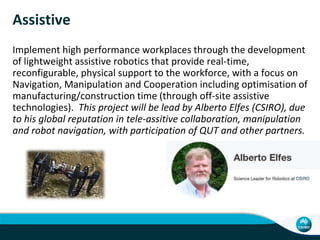 Assistive
Implement high performance workplaces through the development
of lightweight assistive robotics that provide real-time,
reconfigurable, physical support to the workforce, with a focus on
Navigation, Manipulation and Cooperation including optimisation of
manufacturing/construction time (through off-site assistive
technologies). This project will be lead by Alberto Elfes (CSIRO), due
to his global reputation in tele-assitive collaboration, manipulation
and robot navigation, with participation of QUT and other partners.
 