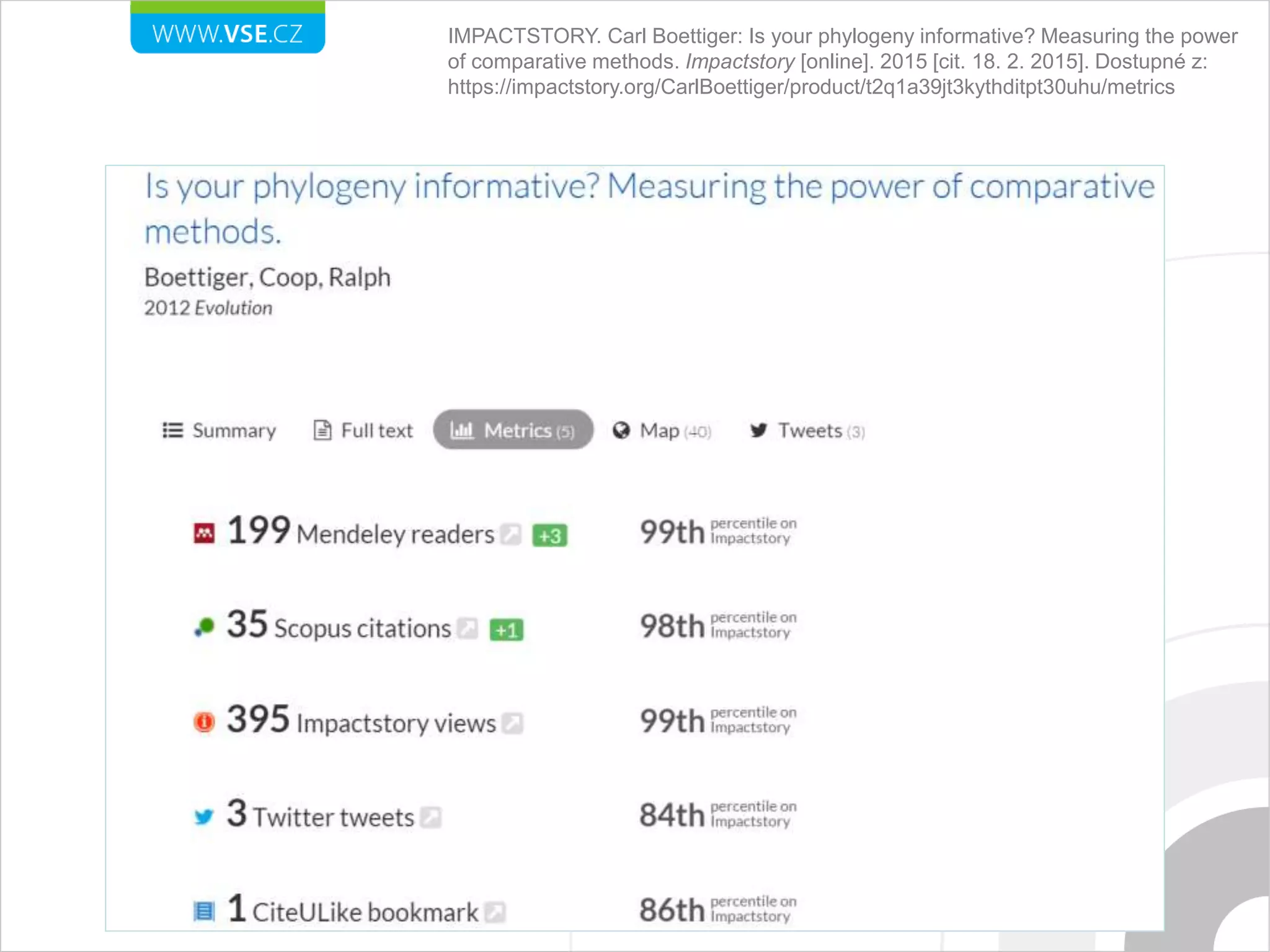IMPACTSTORY. Carl Boettiger: Is your phylogeny informative? Measuring the power
of comparative methods. Impactstory [online]. 2015 [cit. 18. 2. 2015]. Dostupné z:
https://impactstory.org/CarlBoettiger/product/t2q1a39jt3kythditpt30uhu/metrics
 