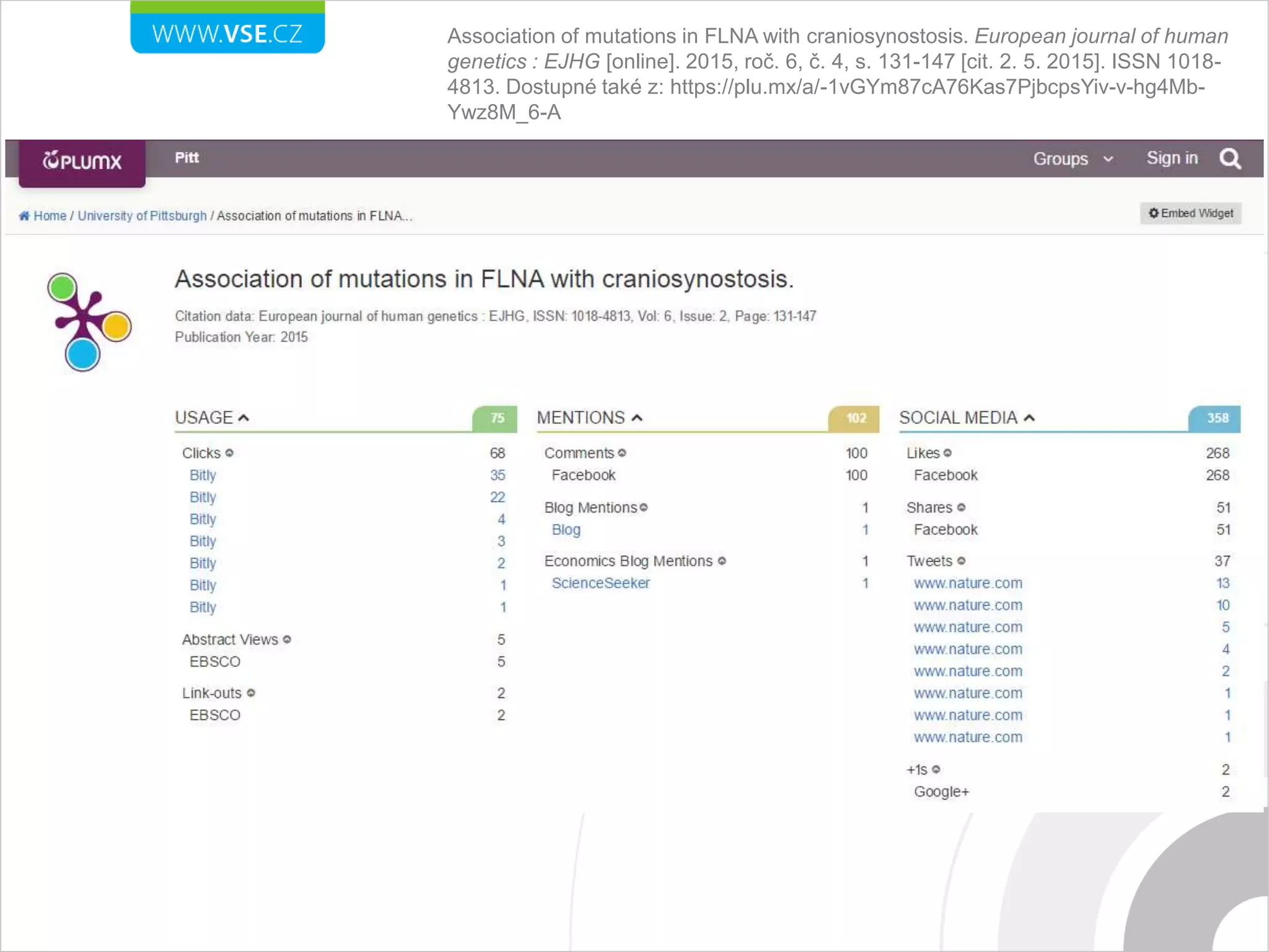 Association of mutations in FLNA with craniosynostosis. European journal of human
genetics : EJHG [online]. 2015, roč. 6, č. 4, s. 131-147 [cit. 2. 5. 2015]. ISSN 1018-
4813. Dostupné také z: https://plu.mx/a/-1vGYm87cA76Kas7PjbcpsYiv-v-hg4Mb-
Ywz8M_6-A
 