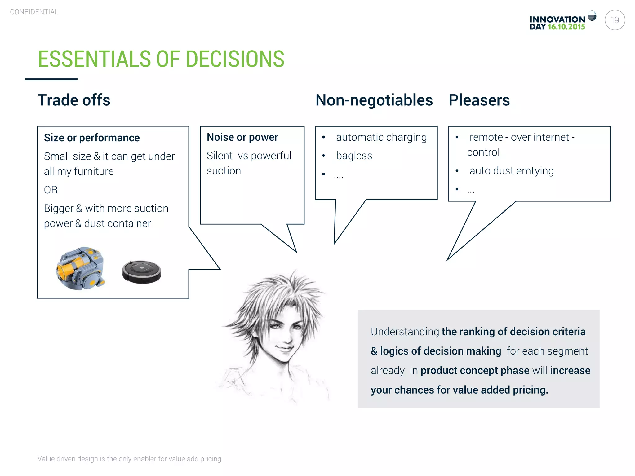 Value driven design is the only enabler for value add pricing
19
CONFIDENTIAL
ESSENTIALS OF DECISIONS
Trade offs Pleasers
• automatic charging
• bagless
• ....
Size or performance
Small size & it can get under
all my furniture
OR
Bigger & with more suction
power & dust container
• remote - over internet -
control
• auto dust emtying
• ...
Non-negotiables
Noise or power
Silent vs powerful
suction
Understanding the ranking of decision criteria
& logics of decision making for each segment
already in product concept phase will increase
your chances for value added pricing.
 