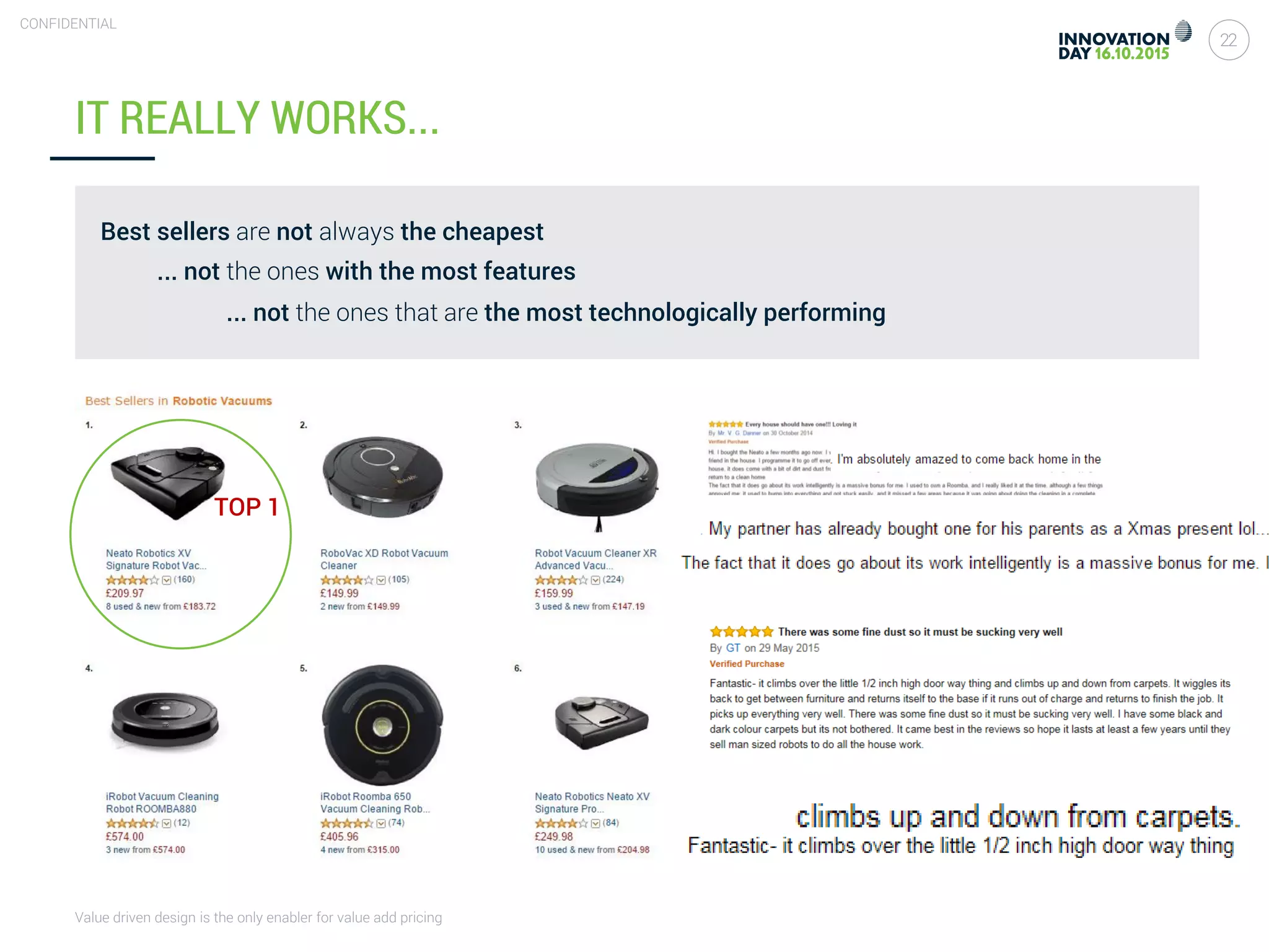 Value driven design is the only enabler for value add pricing
22
CONFIDENTIAL
Best sellers are not always the cheapest
IT REALLY WORKS...
TOP 1
... not the ones with the most features
... not the ones that are the most technologically performing
 