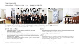 Slide 14innosabi – crowdsourced innovation
Über innosabi
Innovation Infrastructure for a Connected World
DATEN UND FAKTEN
•  Gegründet im Dezember 2010 von Catharina van Delden CEO, Jan Fischer,
Hans-Peter Heid, Moritz S. Wurfbaum
•  Firmensitz in München, 20 Mitarbeiter
•  Eigen entwickelte Software Plattform für Crowdsourced Innovation: „innosabi crowd“
•  Betreibt Deutschlands größte Co-Creation Community für die Konsumgüterindustrie
unserAller (> 20Tsd. Mitglieder)
•  Forschungspartnerschaften mit FAU Erlangen Nürnberg, Católica Lisbon, Fraunhofer
IIS, medical valley, TU München und MIT
BEIRAT
•  Barbara Wittmann, Senior Vice President Sales und Operations, Immobilienscout24
•  Dr. Stefan Ried, Chief Technology Officer Unify GmbH
•  Alexander Lang, Partner IMAN Solutions GmbH
VISION
•  Unternehmen wandeln sich verstärkt von Produkt- und Dienstleistungsanbietern zu
Knotenpunkten in weitreichenden Netzwerken, die aus Kollaboration Wert schaffen.
innosabi wird dafür die nötige Infrastruktur bieten.
“innosabi ist die Firma, die das Thema Crowdsourced Innovation in Deutschland salonfähig gemacht hat.”
Carsten Knop, Ressortleiter Wirtschaft FAZ (April 2015, auf dem BDI Wirtschaftsforum der Hannover Messe)
 