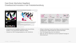 Slide 7innosabi – crowdsourced innovation
Case Study: Manhattan Nagellack
Crowdsourced Innovation in der Produktentwicklung
•  Entwicklung einer Nagellack-Kollektion über Social Media
Kanäle, in vier aufeinander folgenden Phasen
•  Versand von 500 Prototypenpaketen an die Teilnehmer
•  Erfolg im Abverkauf: Community Colours ist eines der bisher
erfolgreichsten Nagel-Displays der Marke Manhattan
•  Über 500 Blogbeiträge über die Kollektion
•  Mehr als 19% Fan Wachstum auf der Facebook Fanpage im
Aktionszeitraum
https://unseraller.de/MANHATTAN/COMMUNITYCOLOURS
Welches Thema
soll die neue
MANHATTAN
Nagellack
Kollektion haben?
Welche Farben
sollen in der
Nagellack
Kollektion
inbegriffen sein?
Diskussion der
Resultate in einer
kleinen Gruppe.
Wie sollen die
Nagellacke der
Kollektion
heißen?
THEMA FARBE LAB NAME
 