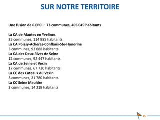 SUR NOTRE TERRITOIRE
Une fusion de 6 EPCI : 73 communes, 405 049 habitants
La CA de Mantes en Yvelines
35 communes, 114 985 habitants
La CA Poissy-Achères-Conflans-Ste-Honorine
3 communes, 93 888 habitants
La CA des Deux Rives de Seine
12 communes, 92 447 habitants
La CA de Seine et Vexin
17 communes, 67 730 habitants
La CC des Coteaux du Vexin
3 communes, 21 780 habitants
La CC Seine Mauldre
3 communes, 14 219 habitants
15
 