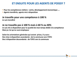 ET ENSUITE POUR LES AGENTS DE POISSY ?
 Pour les compétences métiers : voirie, développement économique ….
 Agents transférés, agents mis à disposition
Je travaille pour une compétence à 100 %
Je suis transféré
Je ne travaille pas à 100 % mais à 60 % ou 40%
Je suis mis à disposition pour la quotité de mon temps dédié à la compétence
Mais je n’ai qu’un seul employeur
Selon les orientations générales qui seront prises, il y aura :
Des mise à disposition ascendante : de la commune vers l’EPCI
Des à disposition descendante : de l’EPCI vers la commune
34
 