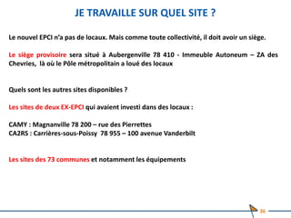 JE TRAVAILLE SUR QUEL SITE ?
Le nouvel EPCI n’a pas de locaux. Mais comme toute collectivité, il doit avoir un siège.
Le siège provisoire sera situé à Aubergenville 78 410 - Immeuble Autoneum – ZA des
Chevries, là où le Pôle métropolitain a loué des locaux
Quels sont les autres sites disponibles ?
Les sites de deux EX-EPCI qui avaient investi dans des locaux :
CAMY : Magnanville 78 200 – rue des Pierrettes
CA2RS : Carrières-sous-Poissy 78 955 – 100 avenue Vanderbilt
Les sites des 73 communes et notamment les équipements
36
 