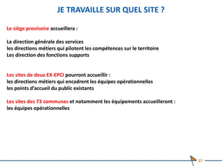 JE TRAVAILLE SUR QUEL SITE ?
Le siège provisoire accueillera :
La direction générale des services
les directions métiers qui pilotent les compétences sur le territoire
Les direction des fonctions supports
Les sites de deux EX-EPCI pourront accueillir :
les directions métiers qui encadrent les équipes opérationnelles
les points d’accueil du public existants
Les sites des 73 communes et notamment les équipements accueilleront :
les équipes opérationnelles
37
 