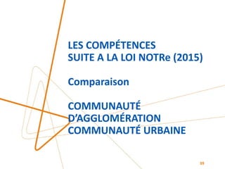LES COMPÉTENCES
SUITE A LA LOI NOTRe (2015)
Comparaison
COMMUNAUTÉ
D’AGGLOMÉRATION
COMMUNAUTÉ URBAINE
39
 