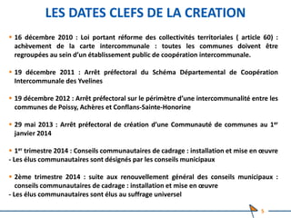 LES DATES CLEFS DE LA CREATION
 16 décembre 2010 : Loi portant réforme des collectivités territoriales ( article 60) :
achèvement de la carte intercommunale : toutes les communes doivent être
regroupées au sein d’un établissement public de coopération intercommunale.
 19 décembre 2011 : Arrêt préfectoral du Schéma Départemental de Coopération
Intercommunale des Yvelines
 19 décembre 2012 : Arrêt préfectoral sur le périmètre d’une intercommunalité entre les
communes de Poissy, Achères et Conflans-Sainte-Honorine
 29 mai 2013 : Arrêt préfectoral de création d’une Communauté de communes au 1er
janvier 2014
 1er trimestre 2014 : Conseils communautaires de cadrage : installation et mise en œuvre
- Les élus communautaires sont désignés par les conseils municipaux
 2ème trimestre 2014 : suite aux renouvellement général des conseils municipaux :
conseils communautaires de cadrage : installation et mise en œuvre
- Les élus communautaires sont élus au suffrage universel
5
 