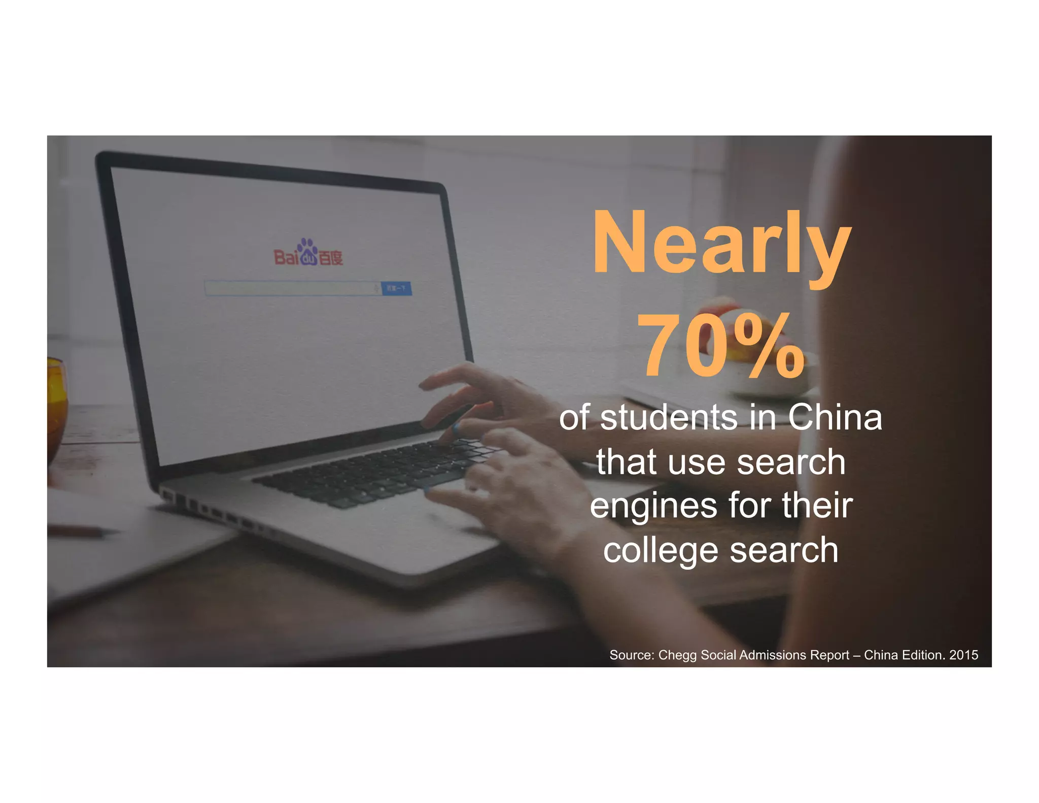 Nearly
70%
of students in China
that use search
engines for their
college search
Source: Chegg Social Admissions Report – China Edition. 2015
 