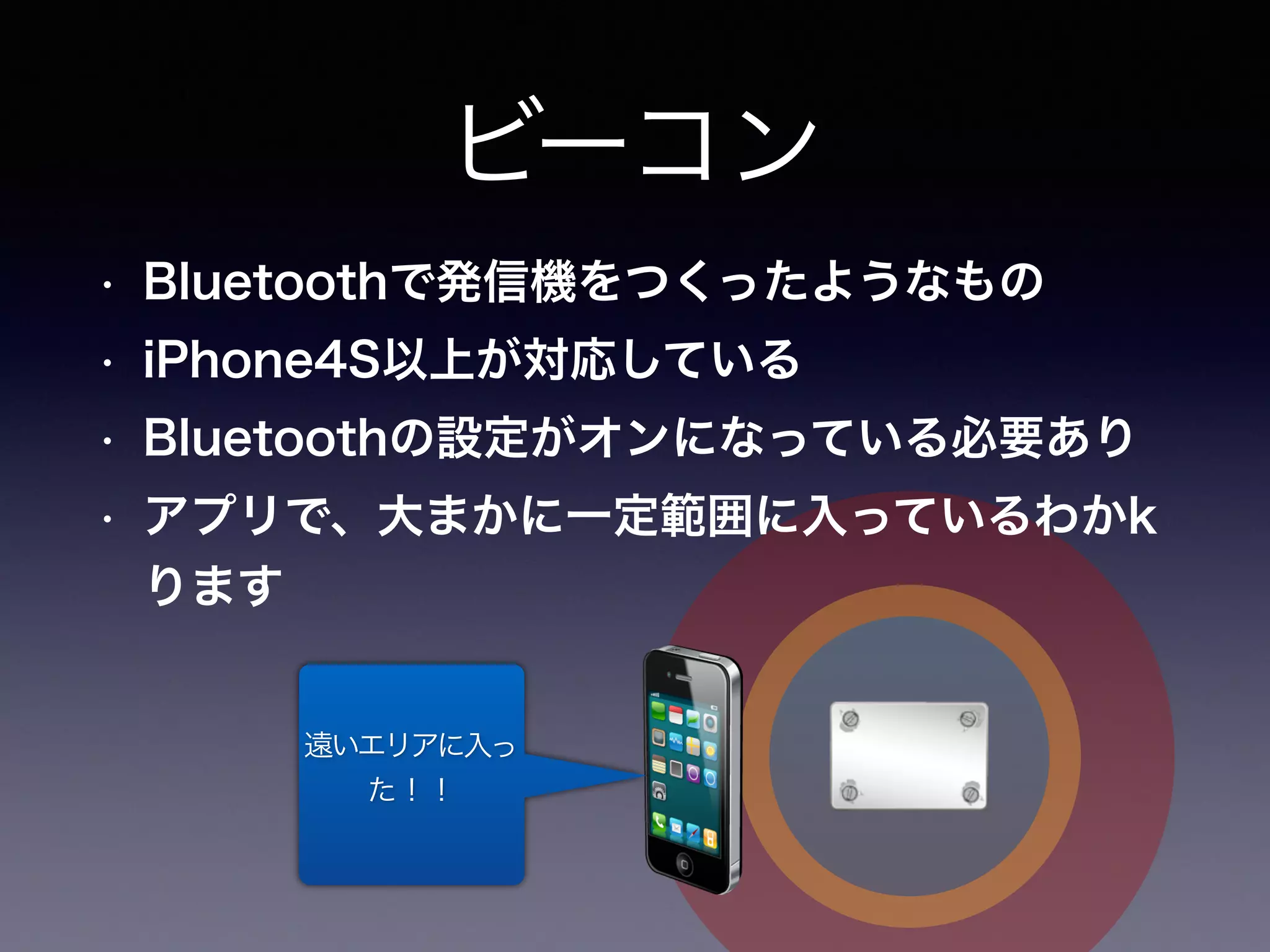 ビーコン
• Bluetoothで発信機をつくったようなもの
• iPhone4S以上が対応している
• Bluetoothの設定がオンになっている必要あり
• アプリで、大まかに一定範囲に入っているわかk
ります
遠いエリアに入っ
た！！
 