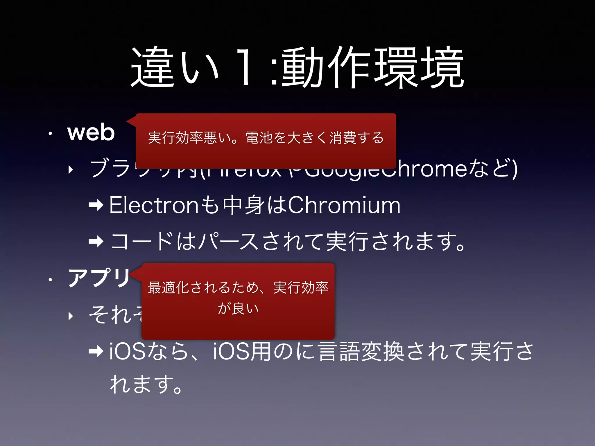 違い１:動作環境
• web
‣ ブラウザ内(FirefoxやGoogleChromeなど)
➡ Electronも中身はChromium
➡ コードはパースされて実行されます。
• アプリ
‣ それぞれのOS
➡ iOSなら、iOS用のに言語変換されて実行さ
れます。
実行効率悪い。電池を大きく消費する
最適化されるため、実行効率
が良い
 