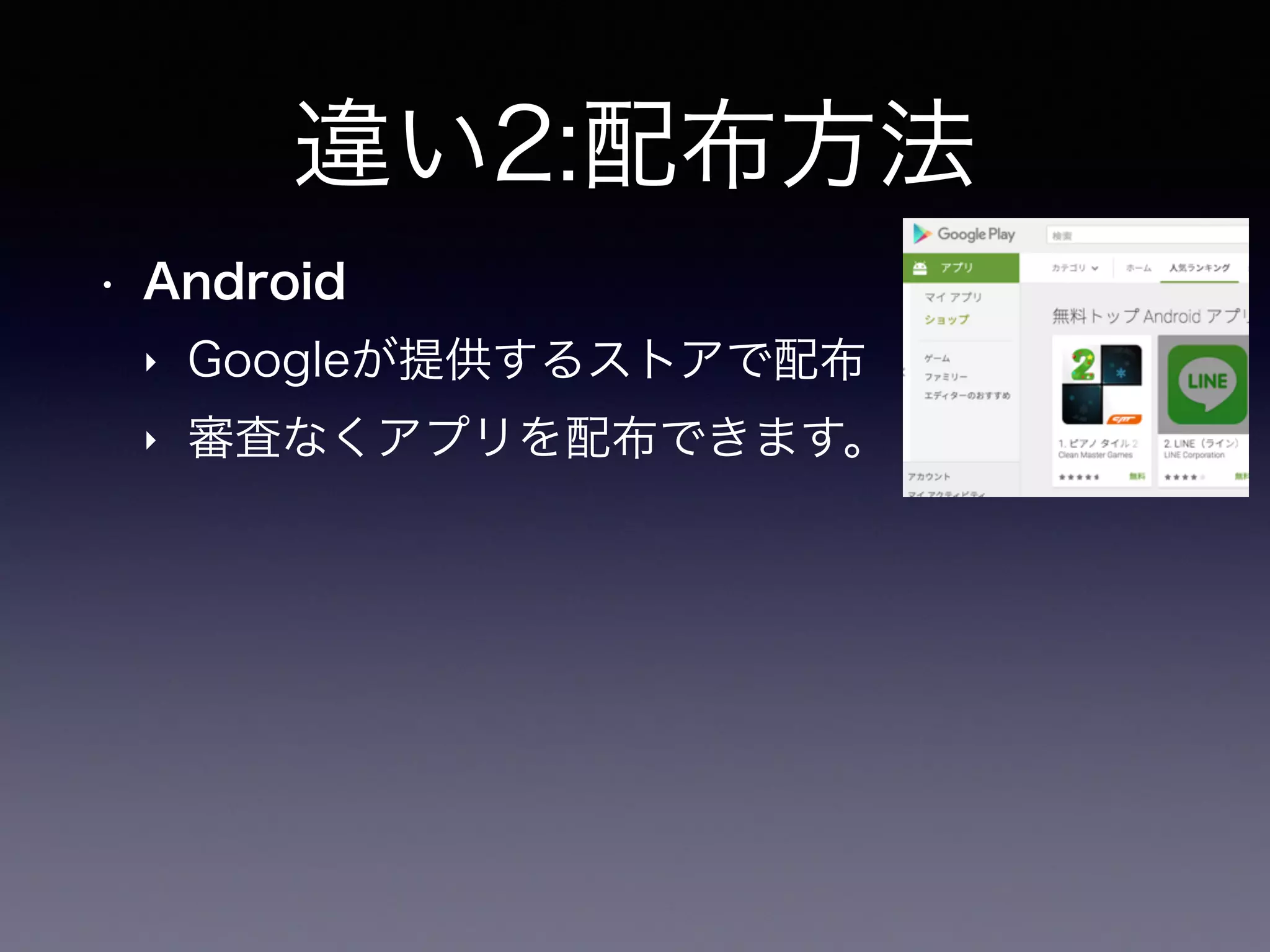 違い2:配布方法
• Android
‣ Googleが提供するストアで配布
‣ 審査なくアプリを配布できます。
 