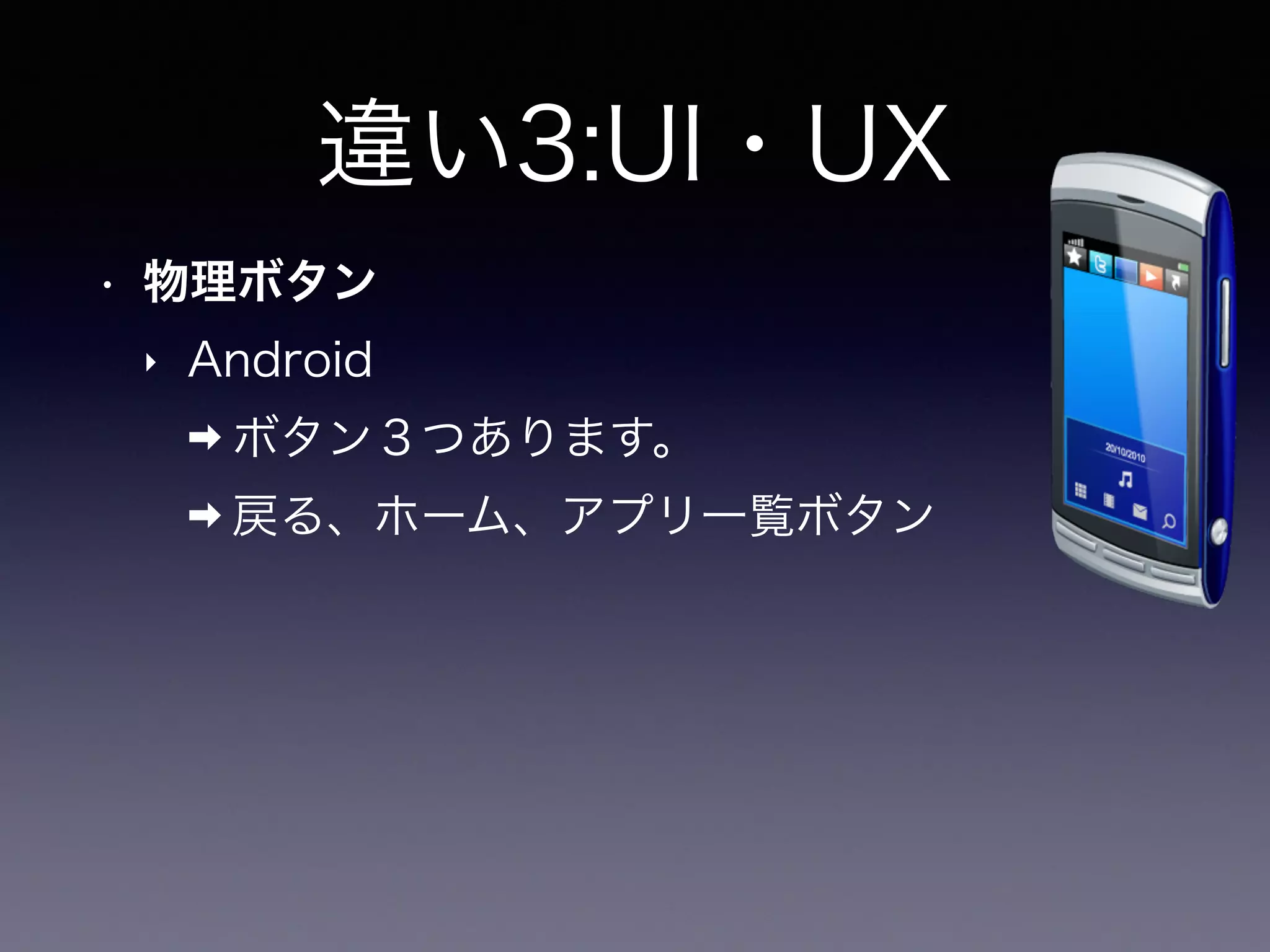 違い3:UI・UX
• 物理ボタン
‣ Android
➡ ボタン３つあります。
➡ 戻る、ホーム、アプリ一覧ボタン
 