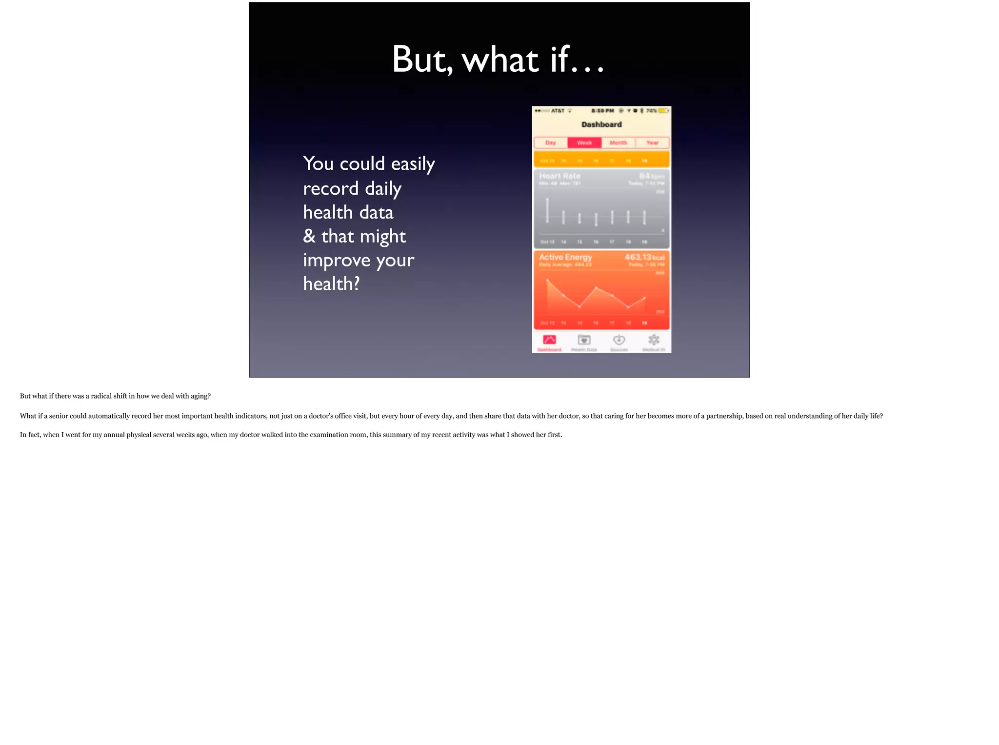 But, what if…
You could easily  
record daily  
health data  
& that might  
improve your  
health?
But what if there was a radical shift in how we deal with aging?
What if a senior could automatically record her most important health indicators, not just on a doctor’s office visit, but every hour of every day, and then share that data with her doctor, so
that caring for her becomes more of a partnership, based on real understanding of her daily life?
In fact, when I went for my annual physical several weeks ago, when my doctor walked into the examination room, this summary of my recent activity was what I showed her first.
 