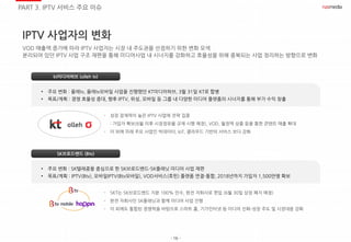 - 16 -
IPTV 사업자의 변화
VOD 매출액 증가에 따라 IPTV 사업자는 시장 내 주도권을 선점하기 위한 변화 모색
분리되어 있던 IPTV 사업 구조 재편을 통해 미디어사업 내 시너지를 강화하고 효율성을 위해 중복되는 사업 정리하는 방향으로 변화
SK브로드밴드 (Btv)
kt미디어허브 (olleh tv)
• 주요 변화 : 올레tv, 올레tv모바일 사업을 진행했던 KT미디어허브, 3월 31일 KT로 합병
• 목표/계획 : 경영 효율성 증대, 향후 IPTV, 위성, 모바일 등 그룹 내 다양한 미디어 플랫폼의 시너지를 통해 부가 수익 창출
- 성장 잠재력이 높은 IPTV 사업에 전략 집중
: 가입자 확보(6월 이후 시장점유율 규제 시행 예정), VOD, 월정액 상품 등을 통한 콘텐트 매출 확대
- 이 외에 미래 주요 사업인 빅데이터, IoT, 클라우드 기반의 서비스 보다 강화
• 주요 변화 : SK텔레콤을 중심으로 한 SK브로드밴드-SK플래닛 미디어 사업 재편
• 목표/계획 : IPTV(Btv), 모바일IPTV(Btv모바일), VOD서비스(호핀) 플랫폼 연결-통합, 2018년까지 가입자 1,500만명 확보
- SKT는 SK브로드밴드 지분 100% 인수, 완전 자회사로 편입 (6월 30일 상장 폐지 예정)
- 완전 자회사인 SK플래닛과 함께 미디어 사업 진행
- 이 외에도 통합된 경쟁력을 바탕으로 스마트 홈, 기가인터넷 등 미디어 진화-성장 주도 및 시장대응 강화
PART 3. IPTV 서비스 주요 이슈
 