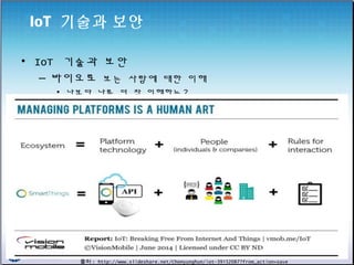IoT 기술과 보안
• IoT 기술과 보안
– 바이오로 보는 사람에 대한 이해
• 나보다 나를 더 잘 이해하는 ?
출처 : http://www.slideshare.net/ChoHyunghun/iot-39152087?from_action=save
 