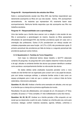 41
Pergunta 09 - Acompanhamento dos estudos dos filhos
Sobre o acompanhamento escolar dos filhos 80% das famílias responderam que
diariamente acompanha os filhos em sua vida escolar. Outros, 16% acompanham
semanalmente. As restantes que representam 4% raramente fazem esse
acompanhamento. Nenhuma família respondeu que não acompanha seu filho nos
trabalhos escolares.
Pergunta 10 – Responsabilidade com a aprendizagem
Uma das tarefas que a família deve exercer com a relação à vida escolar de seu
filho é acompanhar a aprendizagem do mesmo. Quando os filhos apresentam
dificuldades de aprendizagem70% das famílias providencia ajuda em casa com a
orientação dos professores. Outros 21,5% providenciam um reforço escolar em
unidades preparadas para essa função. Já 5,7% e 2,8% não providenciam ajuda. O
primeiro percentual não providencia por falta de tempo e o segundo percentual não
providencia ajuda por outros motivos.
6.1.2 Questionário 2 - Famílias do Turno Vespertino:
Com base no referencial teórico desse trabalho o Q2-FTV elaborado
contendo 20 perguntas. As perguntas têm como objetivo desenhar modos de pensar
e de agir, atitudes no ambiente familiar dos alunos que possam identificar e analisar
como acontece o acompanhamento familiar na vida escolar dos alunos.
Os dados obtidos serão analisados buscando perceber como o novo
modelo de vida familiar tem se organizado para cumprir com o seu papel de educar,
pois com tantas mudanças sofridas, o ambiente familiar ainda é visto como um
espaço privilegiado pois é nele em que o contato com a cultura é feita de forma
sistemática, intencional e planejada.
Questões: 01, 02 e 03: Analisar a família como exemplos em atitudes, uma vez que
é na família que a criança dá os primeiros significados de mundo.
Resultados: Os pais são alfabetizados, com exceção de um. 02 possuem o 2º Grau
completo, 02 possui o 1º Grau completo, 01 não é alfabetizada e outra não marcou.
Questões: 04, 05, 06, 07: Analisar se a família percebe o filho enquanto um ser
social que se desenvolve a partir do outro. Analisar se a família pára seu corre para
conversar, dialogar, conferir materiais escolares, agenda, bilhetes, uniformes e
 