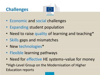 Challenges
• Economic and social challenges
• Expanding student population
• Need to raise quality of learning and teaching*
• Skills gaps and mismatches
• New technologies*
• Flexible learning pathways
• Need for effective HE systems–value for money
*High-Level Group on the Modernisation of Higher
Education reports
 