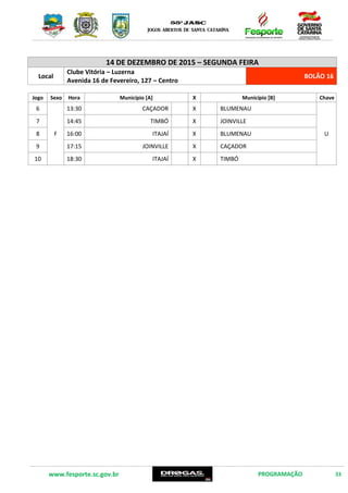 www.fesporte.sc.gov.br PROGRAMAÇÃO 33
14 DE DEZEMBRO DE 2015 – SEGUNDA FEIRA
Local
Clube Vitória – Luzerna
Avenida 16 de Fevereiro, 127 – Centro
BOLÃO 16
Jogo Sexo Hora Município [A] X Município [B] Chave
6
F
13:30 CAÇADOR X BLUMENAU
U
7 14:45 TIMBÓ X JOINVILLE
8 16:00 ITAJAÍ X BLUMENAU
9 17:15 JOINVILLE X CAÇADOR
10 18:30 ITAJAÍ X TIMBÓ
 