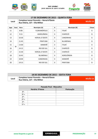www.fesporte.sc.gov.br PROGRAMAÇÃO 37
17 DE DEZEMBRO DE 2015 – QUINTA FEIRA
Local
Complexo Ivonei Fiorentin – Herval d’Oeste
Rua Vitória, 127 – Vila Militar
BOLÃO 23
Jogo Sexo Hora Município [A] X Município [B] Chave
11
M
8:00 FLORIANÓPOLIS X ITAJAÍ A
12 9:15 AGROLÂNDIA X CHAPECÓ B
13 10:30 HERVAL D´OESTE X CANOINHAS A
14 11:45 PIRATUBA X BLUMENAU B
15 13:00 XANXERÊ X ITAJAÍ A
16 14:15 RIO DO SUL X CHAPECÓ B
17 15:30 HERVAL D´OESTE X CHAPECÓ A
18 16:45 BLUMENAU X AGROLÂNDIA B
19 18:00 CANOINHAS X XANXERÊ A
20 19:15 RIO DO SUL X PIRATUBA B
18 DE DEZEMBRO DE 2015 – SEXTA FEIRA
Local
Complexo Ivonei Fiorentin – Herval d’Oeste
Rua Vitória, 127 – Vila Militar
BOLÃO 23
Passada Final – Masculino
Horário: 9 horas Pontuação
3º -
3º +
2º -
2º +
1º -
1º +
 
