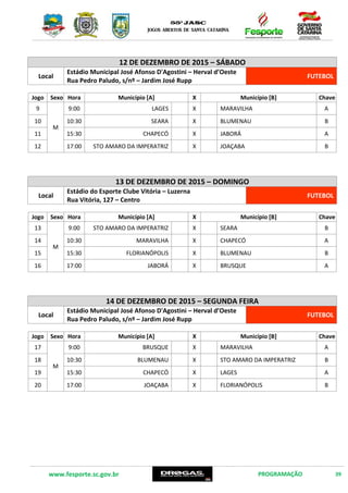 www.fesporte.sc.gov.br PROGRAMAÇÃO 39
12 DE DEZEMBRO DE 2015 – SÁBADO
Local
Estádio Municipal José Afonso D'Agostini – Herval d’Oeste
Rua Pedro Paludo, s/nº – Jardim José Rupp
FUTEBOL
Jogo Sexo Hora Município [A] X Município [B] Chave
9
M
9:00 LAGES X MARAVILHA A
10 10:30 SEARA X BLUMENAU B
11 15:30 CHAPECÓ X JABORÁ A
12 17:00 STO AMARO DA IMPERATRIZ X JOAÇABA B
13 DE DEZEMBRO DE 2015 – DOMINGO
Local
Estádio do Esporte Clube Vitória – Luzerna
Rua Vitória, 127 – Centro
FUTEBOL
Jogo Sexo Hora Município [A] X Município [B] Chave
13
M
9:00 STO AMARO DA IMPERATRIZ X SEARA B
14 10:30 MARAVILHA X CHAPECÓ A
15 15:30 FLORIANÓPOLIS X BLUMENAU B
16 17:00 JABORÁ X BRUSQUE A
14 DE DEZEMBRO DE 2015 – SEGUNDA FEIRA
Local
Estádio Municipal José Afonso D'Agostini – Herval d’Oeste
Rua Pedro Paludo, s/nº – Jardim José Rupp
FUTEBOL
Jogo Sexo Hora Município [A] X Município [B] Chave
17
M
9:00 BRUSQUE X MARAVILHA A
18 10:30 BLUMENAU X STO AMARO DA IMPERATRIZ B
19 15:30 CHAPECÓ X LAGES A
20 17:00 JOAÇABA X FLORIANÓPOLIS B
 