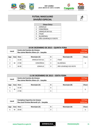 www.fesporte.sc.gov.br PROGRAMAÇÃO 41
FUTSAL MASCULINO
DIVISÃO ESPECIAL
Chave Única
1 JOINVILLE
2 CONCÓRDIA
3 JARAGUÁ DO SUL
4 ITAJAÍ
5 BLUMENAU
6 SÃO LOURENÇO D´OESTE
10 DE DEZEMBRO DE 2015 –QUINTA FEIRA
Local
Centro de Eventos da Unoesc
Rua Jaime Martins Alves s/n – Joaçaba
FUTSAL
ESPECIAL
Jogo Sexo Hora Município [A] X Município [B] Chave
1
M
15:30 JARAGUÁ DO SUL X ITAJAÍ
U2 17:00 CONCÓRDIA X BLUMENAU
3 18:30 JOINVILLE X SÃO LOURENÇO DO OESTE
11 DE DEZEMBRO DE 2015 – SEXTA FEIRA
Local
Centro de Eventos da Unoesc
Rua Jaime Martins Alves s/n – Joaçaba
FUTSAL
ESPECIAL
Jogo Sexo Hora Município [A] X Município [B] Chave
4
M
15:30 X
U
5 17:00 X
Local
Complexo Esportivo da Unoesc
Rua José Firmino Bernardi s/n – Joaçaba
FUTSAL
ESPECIAL
Jogo Sexo Hora Município [A] X Município [B] Chave
6 M 20:00 X U
 