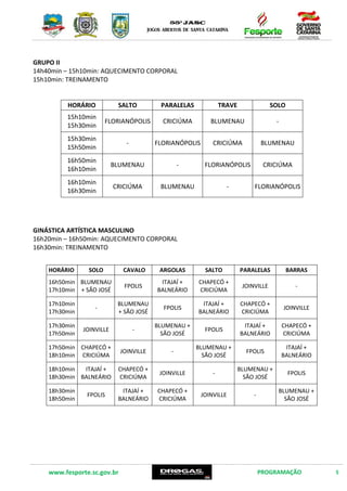 www.fesporte.sc.gov.br PROGRAMAÇÃO 5
GRUPO II
14h40min – 15h10min: AQUECIMENTO CORPORAL
15h10min: TREINAMENTO
GINÁSTICA ARTÍSTICA MASCULINO
16h20min – 16h50min: AQUECIMENTO CORPORAL
16h30min: TREINAMENTO
HORÁRIO SALTO PARALELAS TRAVE SOLO
15h10min
15h30min
FLORIANÓPOLIS CRICIÚMA BLUMENAU -
15h30min
15h50min
- FLORIANÓPOLIS CRICIÚMA BLUMENAU
16h50min
16h10min
BLUMENAU - FLORIANÓPOLIS CRICIÚMA
16h10min
16h30min
CRICIÚMA BLUMENAU - FLORIANÓPOLIS
HORÁRIO SOLO CAVALO ARGOLAS SALTO PARALELAS BARRAS
16h50min
17h10min
BLUMENAU
+ SÃO JOSÉ
FPOLIS
ITAJAÍ +
BALNEÁRIO
CHAPECÓ +
CRICIÚMA
JOINVILLE -
17h10min
17h30min
-
BLUMENAU
+ SÃO JOSÉ
FPOLIS
ITAJAÍ +
BALNEÁRIO
CHAPECÓ +
CRICIÚMA
JOINVILLE
17h30min
17h50min
JOINVILLE -
BLUMENAU +
SÃO JOSÉ
FPOLIS
ITAJAÍ +
BALNEÁRIO
CHAPECÓ +
CRICIÚMA
17h50min
18h10min
CHAPECÓ +
CRICIÚMA
JOINVILLE -
BLUMENAU +
SÃO JOSÉ
FPOLIS
ITAJAÍ +
BALNEÁRIO
18h10min
18h30min
ITAJAÍ +
BALNEÁRIO
CHAPECÓ +
CRICIÚMA
JOINVILLE -
BLUMENAU +
SÃO JOSÉ
FPOLIS
18h30min
18h50min
FPOLIS
ITAJAÍ +
BALNEÁRIO
CHAPECÓ +
CRICIÚMA
JOINVILLE -
BLUMENAU +
SÃO JOSÉ
 