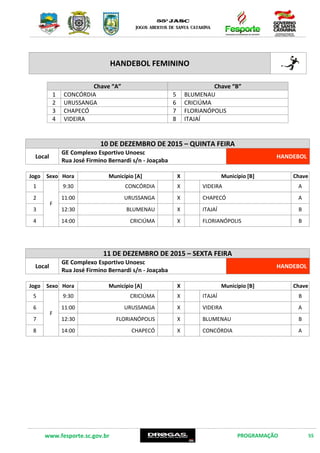 www.fesporte.sc.gov.br PROGRAMAÇÃO 55
HANDEBOL FEMININO
Chave “A” Chave “B”
1 CONCÓRDIA 5 BLUMENAU
2 URUSSANGA 6 CRICIÚMA
3 CHAPECÓ 7 FLORIANÓPOLIS
4 VIDEIRA 8 ITAJAÍ
10 DE DEZEMBRO DE 2015 –QUINTA FEIRA
Local
GE Complexo Esportivo Unoesc
Rua José Firmino Bernardi s/n – Joaçaba
HANDEBOL
Jogo Sexo Hora Município [A] X Município [B] Chave
1
F
15:00 CONCÓRDIA X VIDEIRA A
2 16:30 URUSSANGA X CHAPECÓ A
3 18:00 BLUMENAU X ITAJAÍ B
4 19:30 CRICIÚMA X FLORIANÓPOLIS B
11 DE DEZEMBRO DE 2015 – SEXTA FEIRA
Local
GE Complexo Esportivo Unoesc
Rua José Firmino Bernardi s/n – Joaçaba
HANDEBOL
Jogo Sexo Hora Município [A] X Município [B] Chave
5
F
9:30 URUSSANGA X VIDEIRA A
6 11:00 CHAPECÓ X CONCÓRDIA A
7 12:30 CRICIÚMA X ITAJAÍ B
8 14:00 FLORIANÓPOLIS X BLUMENAU B
 