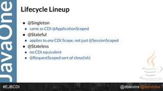 JavaOne
@dblevins @tomitribe#EJBCDI
Lifecycle Lineup
• @Singleton
• same as CDI @ApplicationScoped
• @Stateful
• applies to any CDI Scope, not just @SessionScoped
• @Stateless
• no CDI equivalent
• @RequestScoped sort of close(ish)
 
