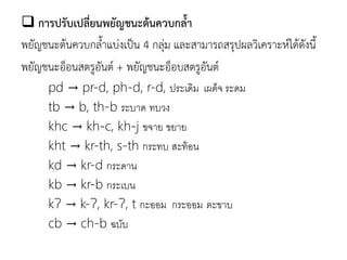  การปรับเปลี่ยนพยัญชนะต้นควบกลา
พยัญชนะต้นควบกลาแบ่งเป็น 4 กลุ่ม และสามารถสรุปผลวิเคราะห์ได้ดังนี
พยัญชนะอ็อนสตรูอันต์ + พยัญชนะอ็อบสตรูอันต์
pd → pr-d, ph-d, r-d, ประเดิม เผด็จ ระดม
tb → b, th-b ระบำด ทบวง
khc → kh-c, kh-j ขจำย ขยำย
kht → kr-th, s-th กระทบ สะท้อน
kd → kr-d กระดำน
kb → kr-b กระเบน
kɁ → k-Ɂ, kr-Ɂ, t กะออม กระออม ตะขำบ
cb → ch-b ฉบับ
 