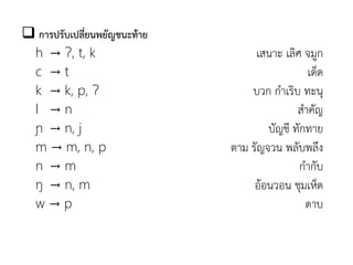  การปรับเปลี่ยนพยัญชนะท้าย
h → Ɂ, t, k เสนาะ เลิศ จมูก
c → t เด็ด
k → k, p, Ɂ บวก กาเริบ ทะนุ
l → n สาคัญ
ɲ → n, j บัญชี ทักทาย
m → m, n, p ตาม รัญจวน พลับพลึง
n → m กากับ
ŋ → n, m อ้อนวอน ชุมเห็ด
w → p ดาบ
 