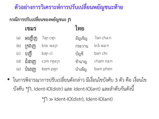 กรณีการปรับเปลี่ยนของพยัญชนะ ɲ
• ในการพิจารณาการปรับเปลี่ยนดังกล่าว มีเงื่อนไขบังคับ 3 ตัว คือ เงื่อนไข
บังคับ *ɲ, Ident-IO(distr) และ Ident-IO(ant) และลาดับกันดังนี
*ɲ ≫ Ident-IO(distr), Ident-IO(ant)
ตัวอย่างการวิเคราะห์การปรับเปลี่ยนพยัญชนะท้าย
(a) Ɂaɲ cɤɲ อัญเชิญ Ɂan chǝ:n to invite
(b) krα: wa:ɲ กระวาน kra wa:n cardamom
(c) baɲ ci: บัญชี ban chi: list
(d) cɔm nea:ɲ ชานาญ cham na:n skillful
(e) bαm peɲ บาเพ็ญ bam phen to fill, complete
 