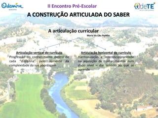 A CONSTRUÇÃO ARTICULADA DO SABER
A articulação curricular
Maria do Céu Roldão
Articulação vertical do currículo
Progressão do conhecimento dentro de
cada “disciplina” pelo aumento da
complexidade da sua abordagem
Articulação horizontal do currículo
Harmonização e interdisciplinaridade
na aquisição de conhecimentos num
dado nível – dar sentido ao que se
aprende
II Encontro Pré-Escolar
 