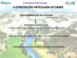 A CONSTRUÇÃO ARTICULADA DO SABER
Operacionalização do currículo
Maria do Céu Roldão
EM FUNÇÃO DA CRIANÇA/ALUNO
É ela/ele que determina a estratégia a seguir para promoção da aprendizagem
A educação/ensino visa conseguir a promoção e o desenvolvimento da aprendizagem
sendo que
APRENDER SIGNIFICA DOMINAR NÍVEIS CRESCENTES DE COMPLEXIDADE
II Encontro Pré-Escolar
 
