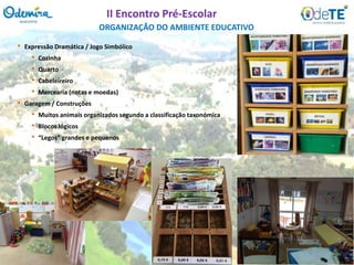 • Expressão Dramática / Jogo Simbólico
• Cozinha
• Quarto
• Cabeleireiro
• Mercearia (notas e moedas)
• Garagem / Construções
• Muitos animais organizados segundo a classificação taxonómica
• Blocos lógicos
• “Legos” grandes e pequenos
ORGANIZAÇÃO DO AMBIENTE EDUCATIVO
II Encontro Pré-Escolar
 