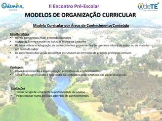 MODELOS DE ORGANIZAÇÃO CURRICULAR
Características
• Revela perspetivas multi e interdisciplinares
• A separação entre matérias isoladas esbate-se bastante
• Há uma síntese e integração de conhecimentos provenientes de um ramo inteiro do saber ou de mais de
um ramo do saber
• Os contributos das várias disciplinas estruturam-se em torno de grandes princípios comuns
Modelo Curricular por Áreas de Conhecimento/Conteúdo
Vantagens
• Obvia à atomização e especialização prematura de conhecimentos
• Torna mais significativos e funcionais os conteúdos programáticos das várias disciplinas
Limitações
• Tem o perigo de uma certa superficialidade de análise
• Pode resultar numa coleção arbitrária de conhecimentos
II Encontro Pré-Escolar
 