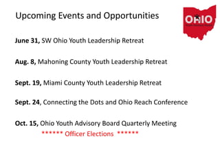 Upcoming Events and Opportunities
June 31, SW Ohio Youth Leadership Retreat
Aug. 8, Mahoning County Youth Leadership Retreat
Sept. 19, Miami County Youth Leadership Retreat
Sept. 24, Connecting the Dots and Ohio Reach Conference
Oct. 15, Ohio Youth Advisory Board Quarterly Meeting
****** Officer Elections ******
 