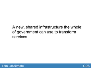 GDS
A new, shared infrastructure the whole
of government can use to transform
services
Tom Loosemore
 