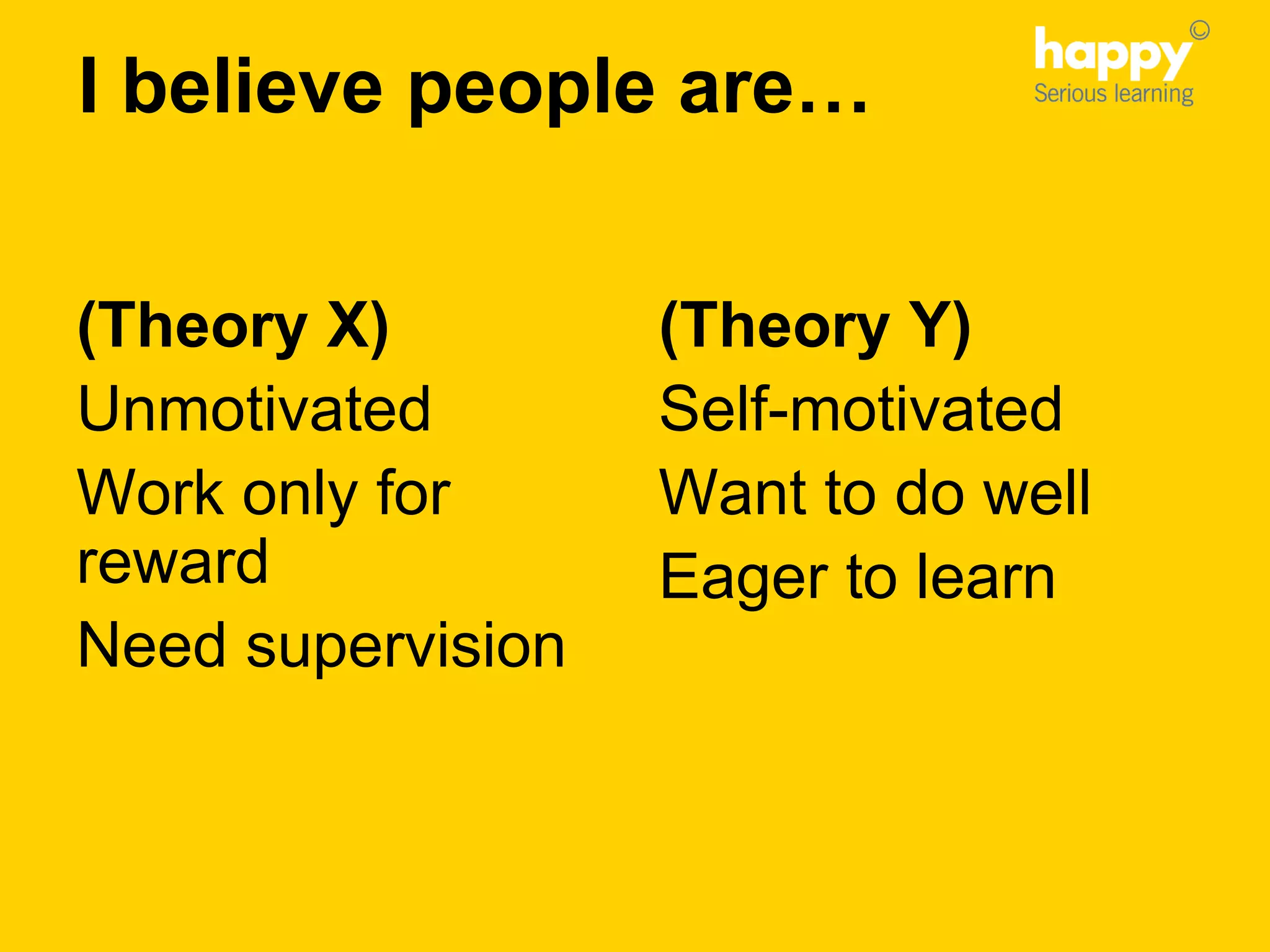 I believe people are…
(Theory X)
Unmotivated
Work only for
reward
Need supervision
(Theory Y)
Self-motivated
Want to do well
Eager to learn
 