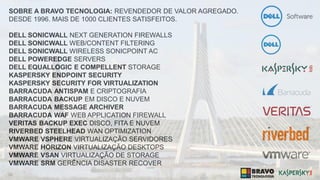 29
SOBRE A BRAVO TECNOLOGIA: REVENDEDOR DE VALOR AGREGADO.
DESDE 1996. MAIS DE 1000 CLIENTES SATISFEITOS.
DELL SONICWALL NEXT GENERATION FIREWALLS
DELL SONICWALL WEB/CONTENT FILTERING
DELL SONICWALL WIRELESS SONICPOINT AC
DELL POWEREDGE SERVERS
DELL EQUALLOGIC E COMPELLENT STORAGE
KASPERSKY ENDPOINT SECURITY
KASPERSKY SECURITY FOR VIRTUALIZATION
BARRACUDA ANTISPAM E CRIPTOGRAFIA
BARRACUDA BACKUP EM DISCO E NUVEM
BARRACUDA MESSAGE ARCHIVER
BARRACUDA WAF WEB APPLICATION FIREWALL
VERITAS BACKUP EXEC DISCO, FITA E NUVEM
RIVERBED STEELHEAD WAN OPTIMIZATION
VMWARE VSPHERE VIRTUALIZAÇÃO SERVIDORES
VMWARE HORIZON VIRTUALIZAÇÃO DESKTOPS
VMWARE VSAN VIRTUALIZAÇÃO DE STORAGE
VMWARE SRM GERÊNCIA DISASTER RECOVER
 