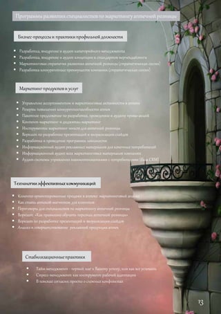 Программыразвитияспециалистовпо маркетингуаптечнойрозницы
Бизнес-процессыи практикипрофильнойдолжности
Маркетингпродуктови услуг
Стабилизационныепрактики
 Разработка, внедрение и аудит категорийного менеджмента
 Разработка, внедрение и аудит концепции и стандартов мерчендайзинга
 Маркетинговая стратегия развития аптечной розницы (стратегическая сессия)
 Разработка конкурентныхпреимуществ компании (стратегическая сессия)
 Управление ассортиментом и маркетинговые активности в аптеке
 Резервы повышения конкурентоспособности аптек
 Пакетное предложение по разработке, проведению и аудиту промо-акций
 Контент-маркетинг и диджитал-маркетинг
 Инструменты маркетинг-микст для аптечной розницы
 Воркшоп по разработке презентаций и визуализациислайдов
 Разработка и проведение программы лояльности
 Информационный аудит рекламных материалов для конечных потребителей
 Информационный аудит всех маркетинговых материалов компании
 Аудит системы управления взаимоотношениями с потребителями (база CRM)
 Клиенто-ориентированные продажи в аптеке: маркетинговый анализ
 Как стать аптекой-магнитом для клиентов
 Переговоры для специалистов по маркетингу аптечной розницы
 Воркшоп «Как правильно обучать персонал аптечной розницы»
 Воркшоп по разработке презентаций и визуализациислайдов
 Анализ и совершенствование рекламной продукции аптек
 Тайм-менеджмент - первый шаг к Вашему успеху, или как все успевать
 Стресс-менеджмент как инструмент рабочей адаптации
 В поисках согласия: просто о сложных конфликтах
13
 