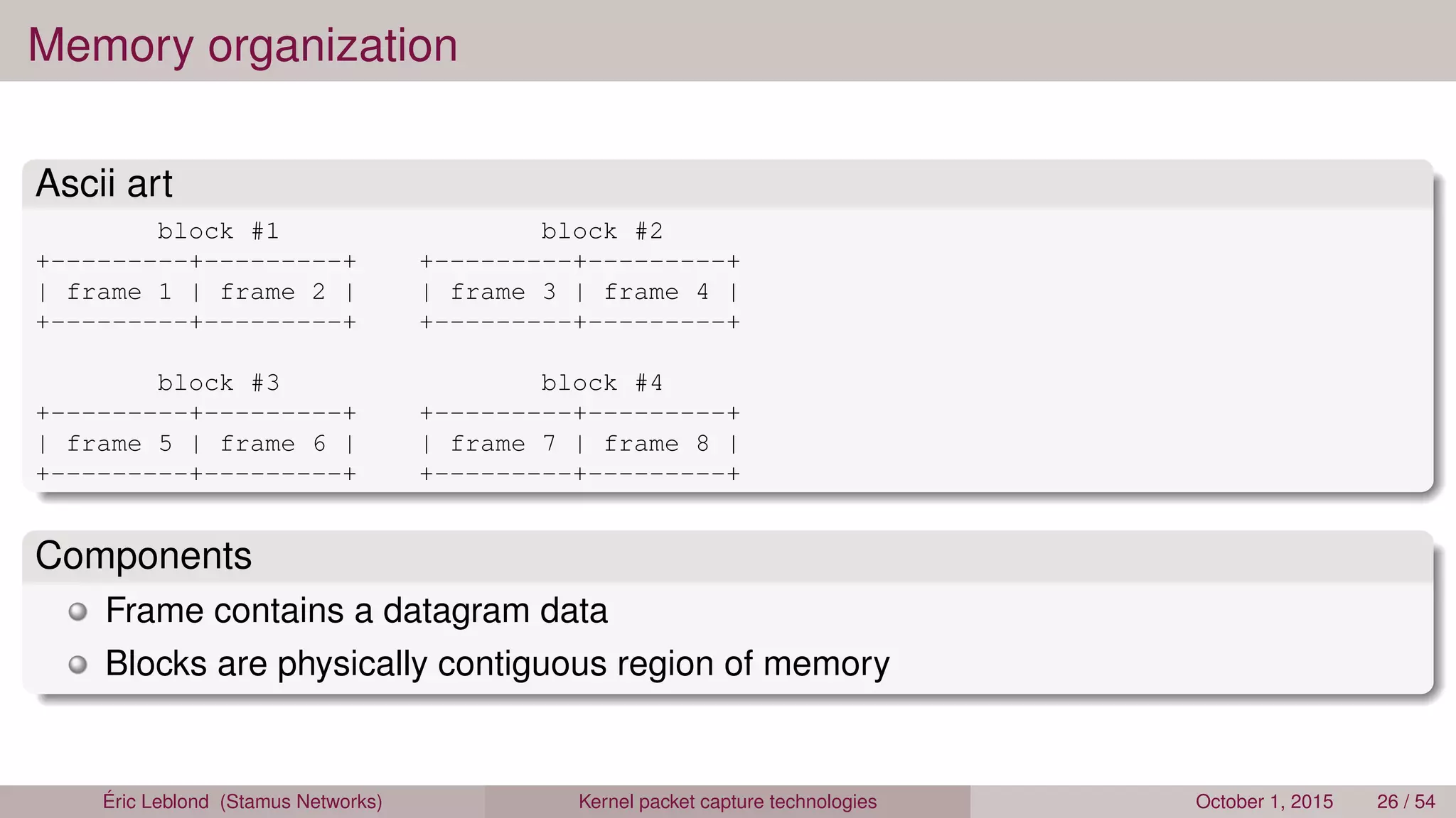 Memory organization
Ascii art
block #1 block #2
+---------+---------+ +---------+---------+
| frame 1 | frame 2 | | frame 3 | frame 4 |
+---------+---------+ +---------+---------+
block #3 block #4
+---------+---------+ +---------+---------+
| frame 5 | frame 6 | | frame 7 | frame 8 |
+---------+---------+ +---------+---------+
Components
Frame contains a datagram data
Blocks are physically contiguous region of memory
Éric Leblond (Stamus Networks) Kernel packet capture technologies October 1, 2015 26 / 54
 