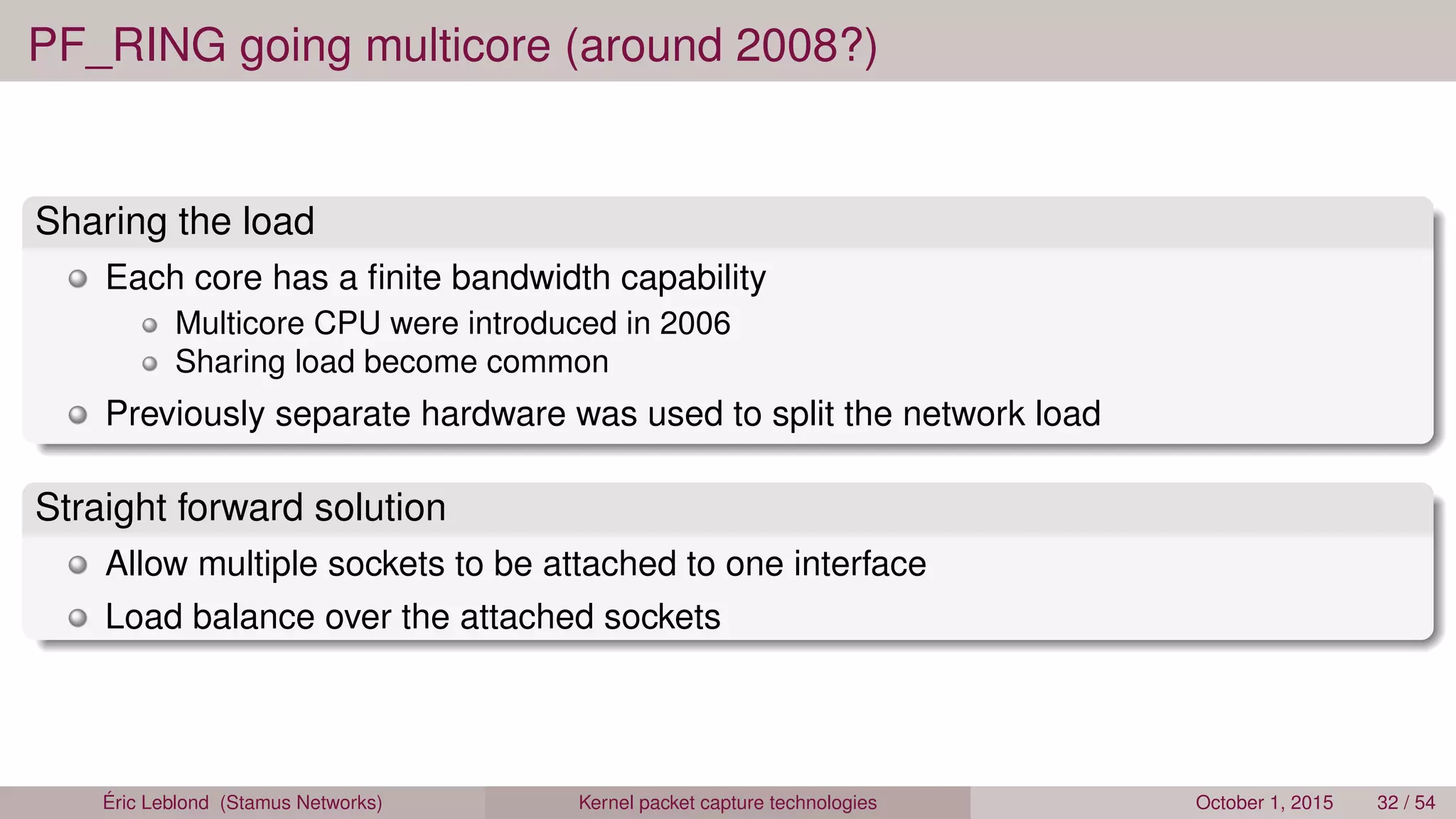 PF_RING going multicore (around 2008?)
Sharing the load
Each core has a ﬁnite bandwidth capability
Multicore CPU were introduced in 2006
Sharing load become common
Previously separate hardware was used to split the network load
Straight forward solution
Allow multiple sockets to be attached to one interface
Load balance over the attached sockets
Éric Leblond (Stamus Networks) Kernel packet capture technologies October 1, 2015 32 / 54
 