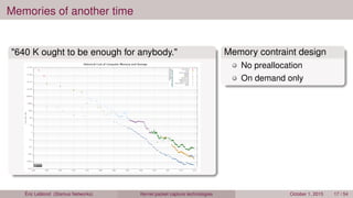 Memories of another time
"640 K ought to be enough for anybody." Memory contraint design
No preallocation
On demand only
Éric Leblond (Stamus Networks) Kernel packet capture technologies October 1, 2015 17 / 54
 