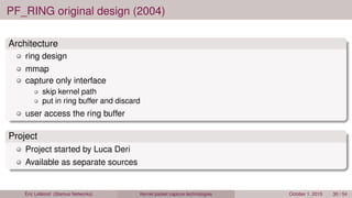 PF_RING original design (2004)
Architecture
ring design
mmap
capture only interface
skip kernel path
put in ring buffer and discard
user access the ring buffer
Project
Project started by Luca Deri
Available as separate sources
Éric Leblond (Stamus Networks) Kernel packet capture technologies October 1, 2015 30 / 54
 