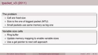 tpacket_v3 (2011)
The problem
Cell are ﬁxed size
Size is the one of biggest packet (MTU)
Small packets use same memory as big one
Variable size cells
Ring buffer
Update memory mapping to enable variable sizes
Use a get pointer to next cell approach
Éric Leblond (Stamus Networks) Kernel packet capture technologies October 1, 2015 40 / 54
 